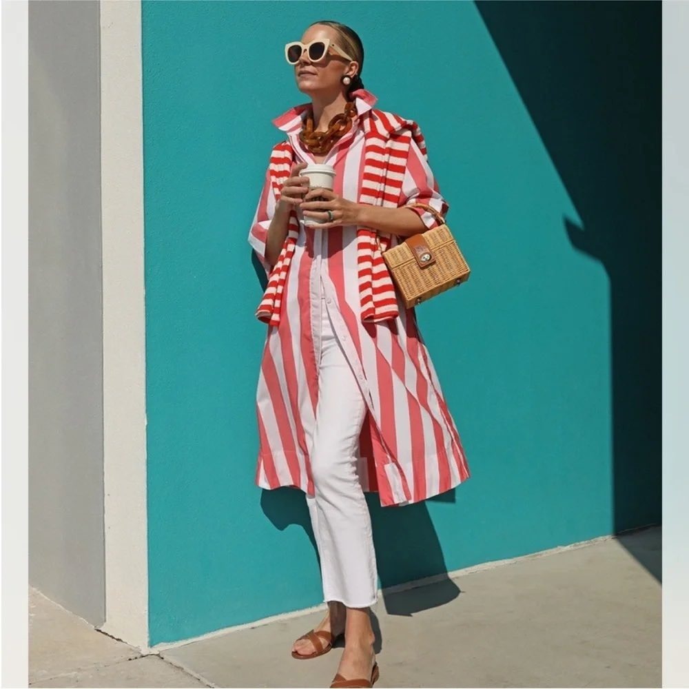 Atlantic-Pacific x Lake Red White Striped Button Down Shirtdress Midi Medium